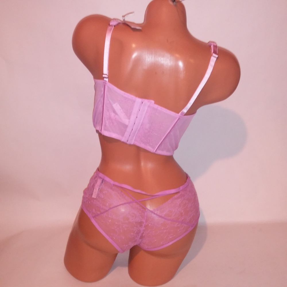Victoria Secret Bra Set Bustier & Panty Large Pinkish Purple Lace Boned Cheeky - Picture 4 of 14